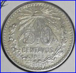 Rare High Grade 1908 Mexico. 800 Cap & Ray Silver 50 Centavos, Toned Gem