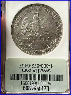 Republic Peso 1911 Long Ray, KM453, AU58 ANACS Mexico Silver Coin Caballito RARE