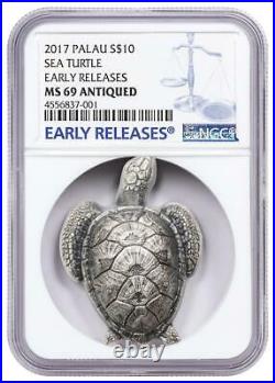Sea Turtle 2017 Silver Coin $10 Ngc Ms 69 Antiqued Er