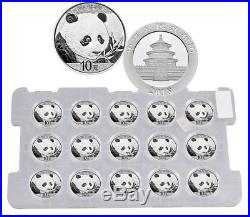 Sheet of 15 2018 China 30 g Silver Panda ¥10 GEM BU Mint Caps SKU50511