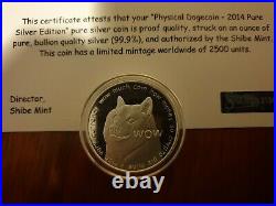 Shibe Mint 2014.999 Silver Proof Dogecoin only 2500 minted world wide