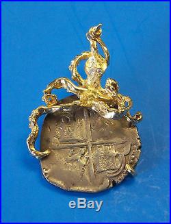 Spain 4 Reales Shipwreck Silver Coin Octopus & Diamond Pendant Necklace 14K Gold