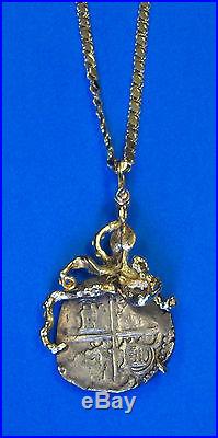 Spain 4 Reales Shipwreck Silver Coin Octopus & Diamond Pendant Necklace 14K Gold