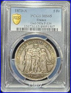 Toned Silver 1873-A France 5 Francs PCGS MS65 Gem BU