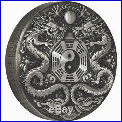 Tuvalu 2019 Double Dragon Chinese Mythical Creatures $2 2 Oz Silver Antiqued