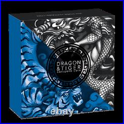 Tuvalu 2021 Dragon & Tiger Bagua $2 Oz Pure Silver High Relief Antiqued Piedfort