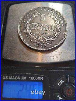 URUGUAY ONE Peso, 1877-A. Paris Mint SILVER COIN 24.6 Grams