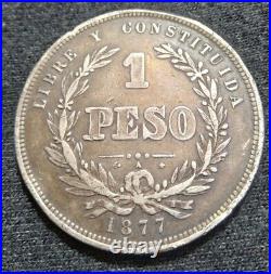 URUGUAY ONE Peso, 1877-A. Paris Mint SILVER COIN 24.6 Grams