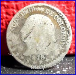Very Rare Key Single Year Type Columbia 1875 Silver Medio 1/2 Decimo KM# 150.3a