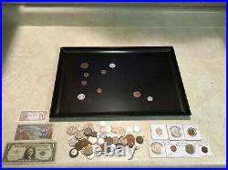 Vintage Couroc Tray Inlaid World Coin 1 Pound Coin 3 USA Silver Certificate1957